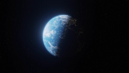 Wall Mural - panoramic view of partly lit blue planet earth in universe sunrise over planet earth, space view
