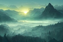 Morning Forest Fog Spreads Over Mountains And Trees.