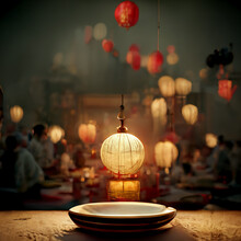 A Lamp With An Empty Bowl. Traditional Chinese Reunion Dinner In The Background.