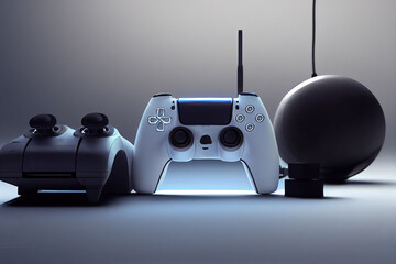 Canvas Print - Futuristic game concept of home multiplayer video game and wireless controller on blurred background. Selective focus.