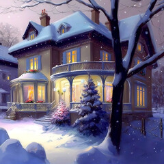 Wall Mural - A house decorated for the new year, a winter fairy tale.