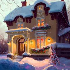 Wall Mural - A house decorated for the new year, a winter fairy tale.