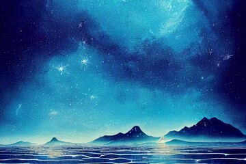 Abstract dreamy blue star filled sky background. Dreamy illustration with stars. Stars against a blue backdrop. Great as wallpaper or for use in your art projects.