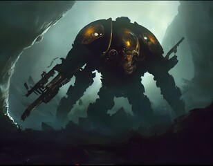 Wall Mural - Giant robot on an alien planet explored by space astronauts/marines.  generated ai