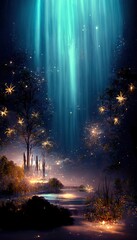 Wall Mural - aurora borealis over the river, starry night sky