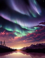 Wall Mural - aurora borealis over the river, starry night sky