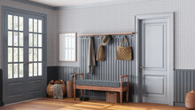 Farmhouse Hallway In White And Gray Tones. Wooden Bench And Coat Rack. Glass Entrance Door, Vintage Interior Design