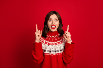 Canvas Print - Photo of impressed ecstatic positive girl straight hairstyle wear red sweater indicating empty space isolated on red color background