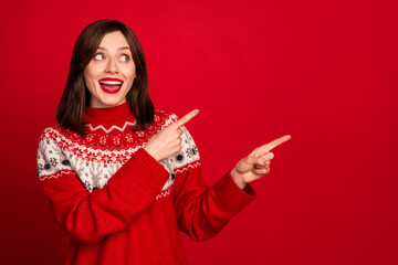 Poster - Portrait of funny impressed woman bob hairdo wear red sweater look directing empty space discount isolated on red color background