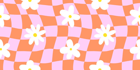 Trendy floral seamless pattern illustration. Vintage 70s style hippie flower background design. Geometric pastel color checkered artwork, y2k nature backdrop with daisy flowers.