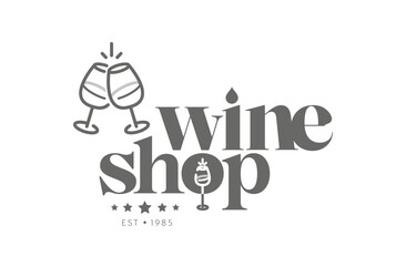 Glasses toasting with logo for wine shop.