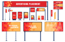 Advertising Billboard Carriers. Metal Structures For Advertising. Business Promotion Concept. Vector Illustration