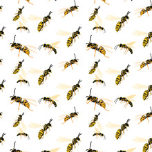 Different Types Of Bees In Different Positions As A Seamless Pattern On A White Background.