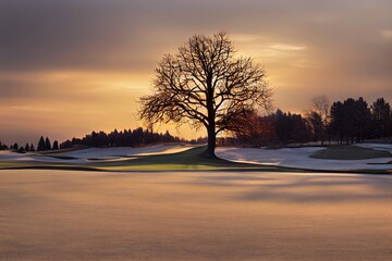 Wall Mural - Lonely tree on the golf course in winter