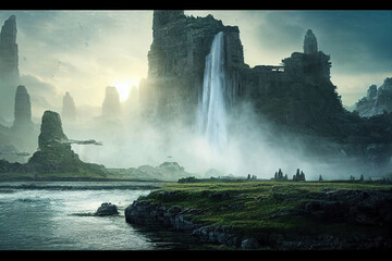 a beautiful futuristic landscape between mountains and waterfalls, science fiction