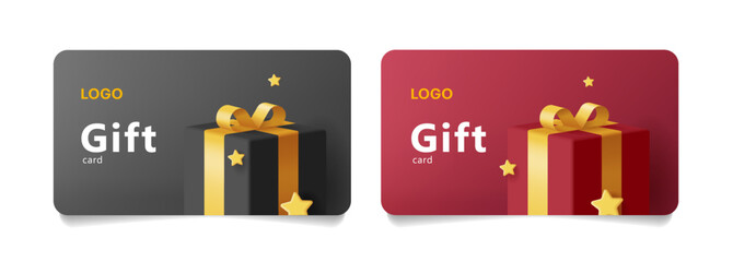 Gift card template with 3d illustration of gift box with golden ribbon and star confetti in black and red colors