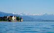 the beautiful island of Lindau on lake Constance (lake Bodensee) with the snowy Swiss Alps in the background, Germany on fine sunny spring day	