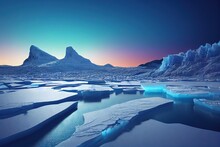 Northern Lights Among Icy Arctic Desert And Icebergs In Seascape