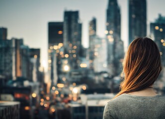 Back view of long hair brunette woman looking out on the big city