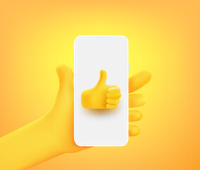 Leinwandbilder - Cute comic hand with thumbs up icon on smartphone. 3d vector illustration