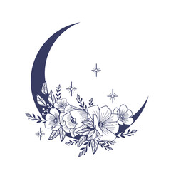 set of crescent moons with flower, flower moon, floral magic celestial clipart, blooming moon with s