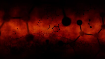 Poster - dangerous toxic abstract chemical molecule bonds looping animation on dark red background.