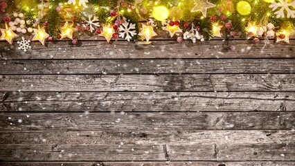 Wall Mural - Christmas Still Life with Wooden background and Snowflakes Falling. Super Slow Motion Filmed on High Speed Cinema Camera at 1000 fps.