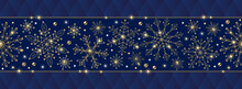 Seamless Border With Snowflakes Made Of Jewelry Gold And Silver Chains. Shiny Sprakle Stars On Deep Blue Background. Festive Design For Xmas And New Year Decoration. Blue Classic Rhombic Grid Behind