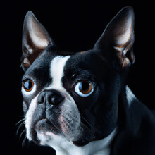Close Up Studio Photography Of A Dog Head. Boston Terrier  Close Up Head Photography, Realistic Dog And Puppy Head On Black Background.     