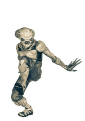 Wall Mural - official alien on a sci-fi outfit walking slow in a white background