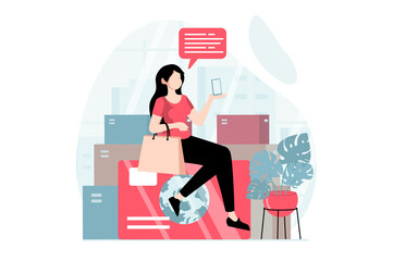 Fototapete - Mobile commerce concept with people scene in flat design. Woman makes online purchases, orders goods and paying with credit card in mobile app. Illustration with character situation for web