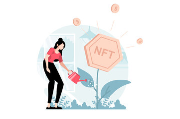 Fototapete - NFT token concept with people scene in flat design. Woman watering tree with non fungible token symbol and developing her business at marketplaces. Illustration with character situation for web