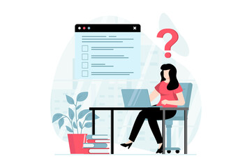 Fototapete - Online survey concept with people scene in flat design. Woman thinking and marking answers in questionnaire, fills voting form using laptop. Illustration with character situation for web