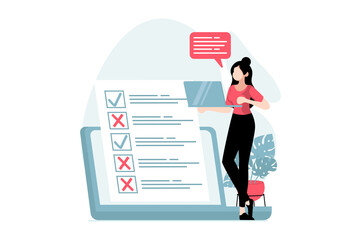 Fototapete - Online survey concept with people scene in flat design. Woman marking answers in questionnaire, fills voting form, leaving her user experience. Illustration with character situation for web