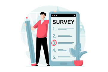 Fototapete - Online survey concept with people scene in flat design. Man marking answers in questionnaire, filling digital form for test using mobile app. Illustration with character situation for web