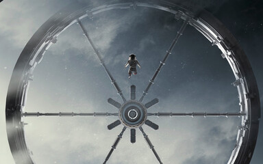 Wall Mural - 3d illustration of astronaut near space station. 5k realistic science fiction art. elements of image