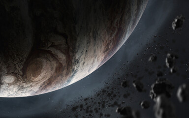 Wall Mural - 3d illustration of jupiter with asteroid field. 5k realistic science fiction art. elements of image 