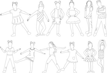 Sticker - set of dancing kids doodle sketch ,outline isolated vector