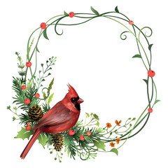 Wall Mural - Plant frame with red cardinal bird, pine branches, red berries and cones. Christmas spruce wreath. Decorative element.