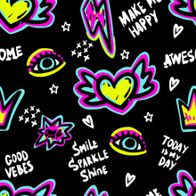 Abstract Seamless Chaotic Pattern With Eyes, Lips, Heart, Graffiti, Words. Grunge Texture Background. Wallpaper For Girls. Fashion Cool  Teen Style
