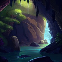 The Cave. Science Fiction Natural Backdrop. Concept Art. Realistic Illustration. Video Game Digital CG Artwork. Nature Scenery.