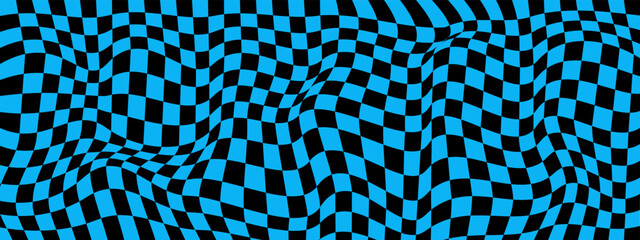 Wall Mural - Distorted blue and black chessboard background. Twisted optical illusion. Psychedelic pattern with warped squares. Trippy checkerboard surface. Fantastic checkered texture