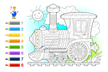 Wall Mural - Math education for little children. Coloring book. Mathematical exercises on addition and subtraction. Solve examples and paint the locomotive. Developing counting skills. Worksheet for kids.