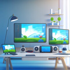 3d rendering devices on modern office. Devices design website on screen.