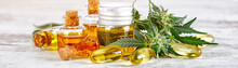 Green Leaves Of Medicinal Cannabis With Extract Oil.Medical Marijuana Flower Buds. Hemp Buds - Medical Marijuana Concept.