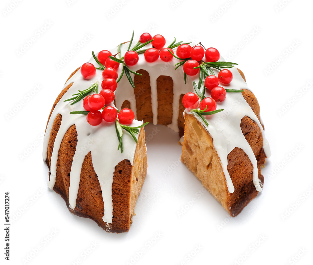 Delicious Christmas cake with cranberry isolated on white background