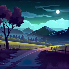 Sticker - Best Cartoon nature landscape at night time. Rural dirt road going along dark field with deciduous trees and mountains view. Scenery game background, illustration