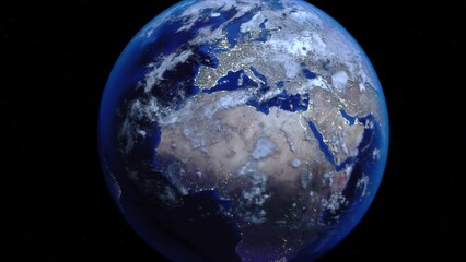 zoom out of europe eu euro through clouds to see the earth from space.