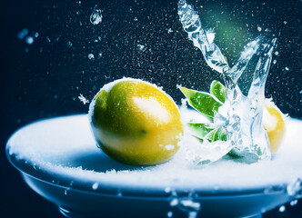 Passion fruit is artistically presented in ice or snow. The scene gives the desire of freshness and exoticism. 3D illustration.