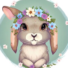 Wall Mural - cute little cartoon hare with flower wreath